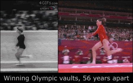 Improvement in Olympic vaults, 56 years apart 